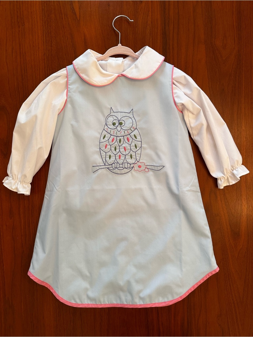 TBBC Annie Apron Dress Light Blue Owl Print Jumper with Pink Trim Blouse